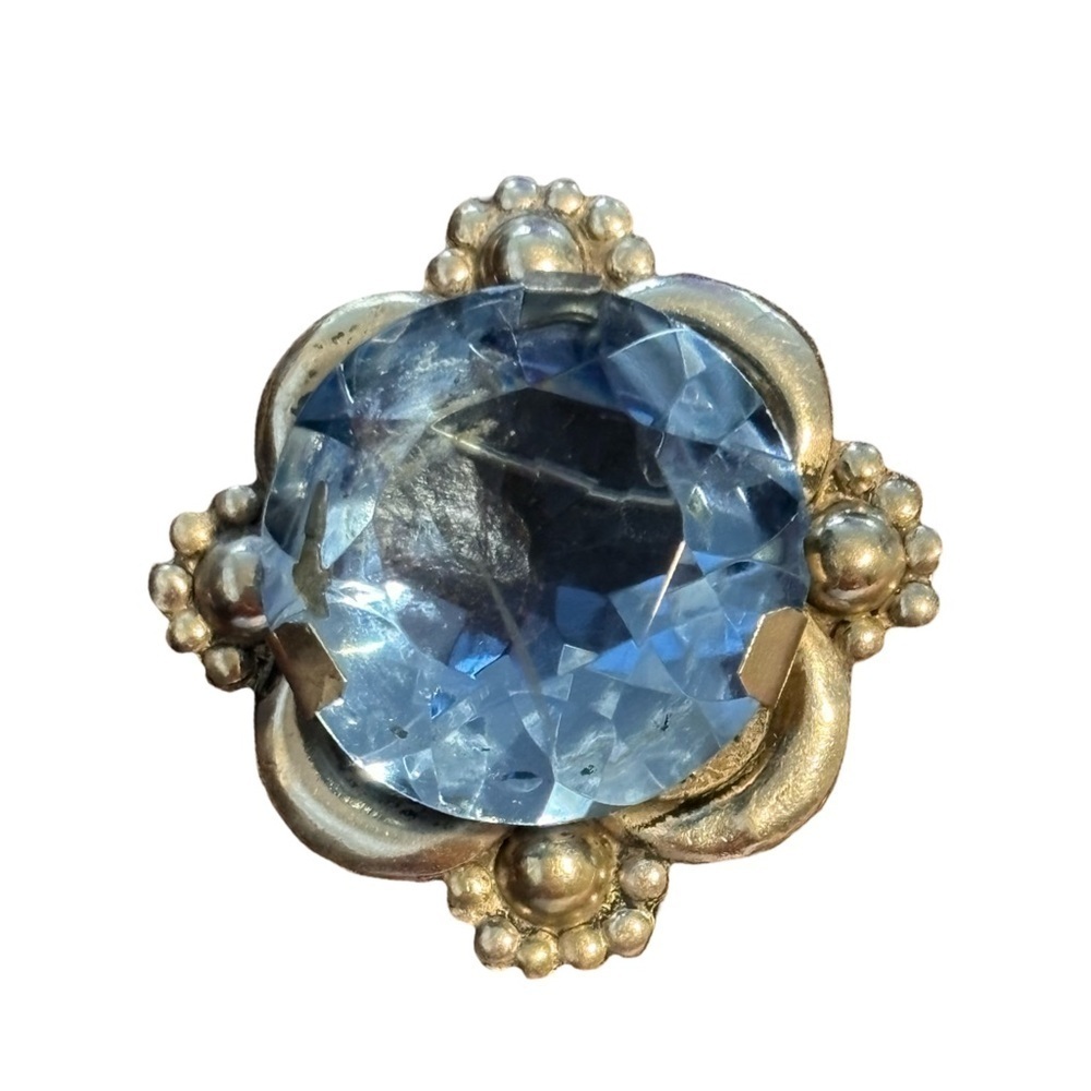 Very Old Mexican Brooch With Large Topaz Color Crystal Silver Tone Metal